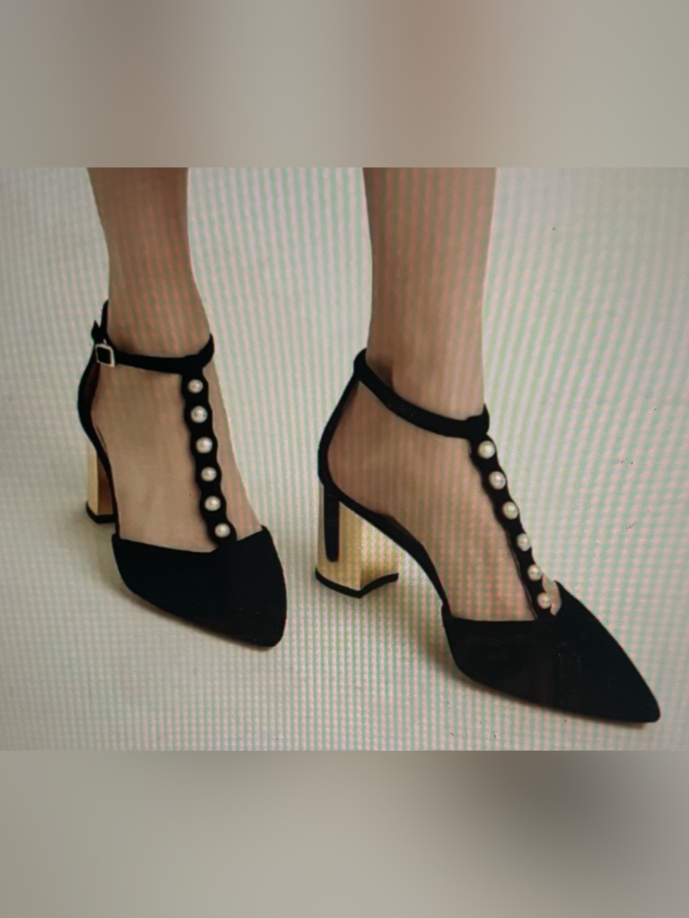 Kate Spade Elissa Suede Gold Block Heel Pearl Strap Dress Shoe Size 7 1/2
